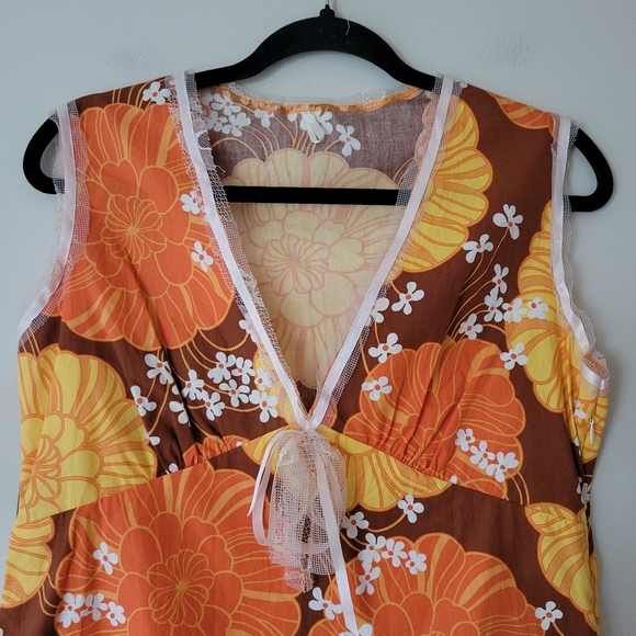 Vintage 70s Flower Power Babydoll Tank Top Orange Brown Size Medium - Picture 3 of 9